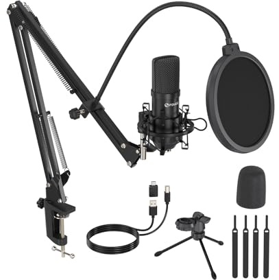 FDUCE Studio Condenser USB Microphone PC Metal Microphone Kit with Adjustable Cantilever Stand Shock Mount Desktop Stand for Instrument Dubbing, Recording, Podcasting, YouTube Vocals, Game Streaming