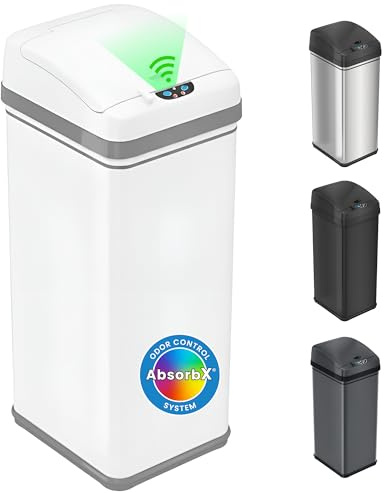 iTouchless 13 Gallon Motion Sensor Garbage Container with Odor Filter, 50L Touchless Stainless Steel Kitchen Bin, Smart Automatic Lid, Fingerprint-Proof, Pet-Safe Lock & Soft-Close, Brilliant White