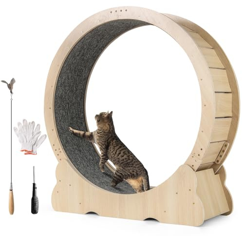 GOPLUS Katzenlaufrad, 101 cm Laufrad Katze, Katzenlaufband mit abnehmbarem Teppich, breiter Standfuß & Katzenangel, Ultra-leises Katzenrad zum Laufen/Gehen/Trainieren, Katzenspielzeug Indoor