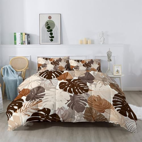 Anlage Bettdecke 135 x 200 cm 4 Jahreszeiten, Hellbraun Warme Waschbar Ganzjahresdecke Bettdecke Ohne Bezug mit Tropische Blätter Monstera Deliciosa Motiv, Wende Steppdecke mit 2 Kissenbezug 80x80 cm