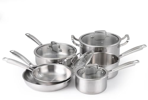 10-Piece Stainless Steel Cookware Set, Tri-Ply Induction Pots and Pans with Glass Lids, Professional Kitchen Set with Frying Pans, Saucepans, Steamer – Oven & Dishwasher Safe