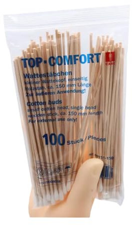 Einmal Holzstab Wattestäbchen, 150 mm, Naturholz, Baumwolle, Top-Comfort: Einweg Wattestäbchen mit kleinem Kopf kaufen.