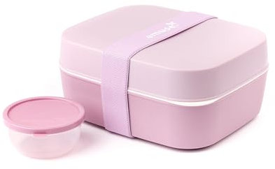 Amuse Unterteilte Bento Box 3 in 1 Set, für Kinder und Erwachsene, Salatbox/Brotdose mit Fächern, Zwei Etagen und Extra-Behälter für Dressing, Früchte oder Joghurt, Kunststoff, pink, 18 x 15 x 8,5 cm