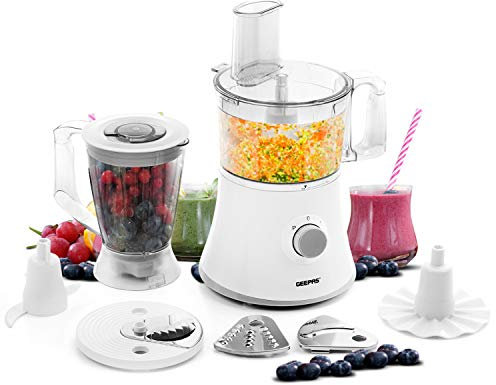 Geepas 800W 10 in 1 Food Processor Blender | Multifunctional Electric Blender Chopper Grater Shredder Slicer Emulsifying disc Dry Grinder & Dough Attachments | 2 Speed & Pulse Control 1.2L Capacity