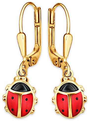 CLEVER SCHMUCK Goldene Marienkäfer Mädchen Ohrringe als Ohrhänger 24 mm mit Käfer 9 mm rot und schwarz lackiert 925 Silber gold-plattiert