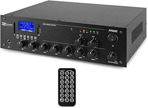 Power Dynamics PPA502 100V Mixer Amplifier with Bluetooth, USB MP3 Player & 2-Zone Room Audio System – 50W RMS, Multi-Input, EQ & IR Remote for Commercial PA Installations
