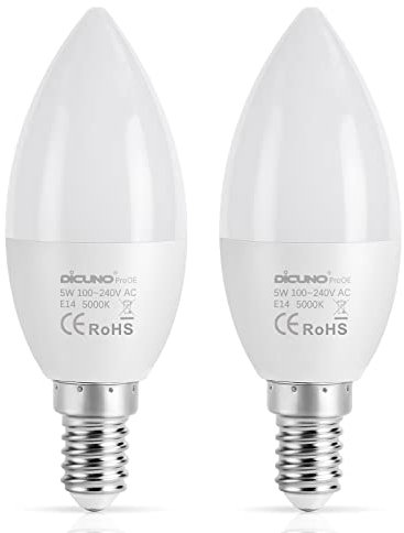 DiCUNO ProOE Ampoule E14 LED, 5W ampoule E14 équivalent 40W halogène, Blanc froid 5000K, 460LM, C37 bougie LED, Petit culot à vis, Non-dimmable, Super haut CRI 98, 2 Unités