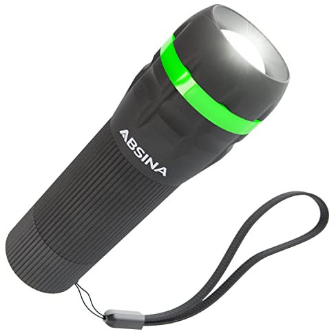 ABSINA kleine LED Taschenlampe batteriebetrieben - Mini Taschenlampe Kinder mit 60 Lumen & 110m Leuchtweite - Kinder Taschenlampe für Jungen & Mädchen stufenlos fokussierbar inkl. Batterie