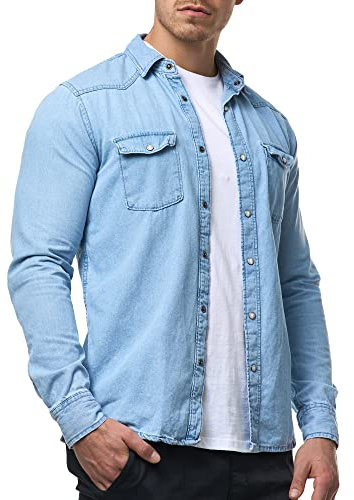Indicode Herren Mike Hemd mit 2 Brust-Tasche aus Baumwolle | Herrenhemd für Männer Blue Wash, L