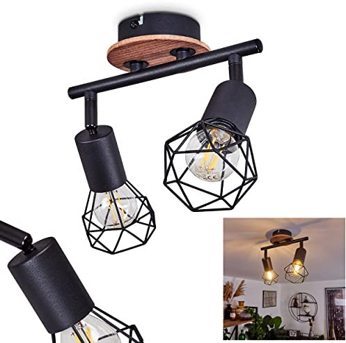 Deckenleuchte Baripada, Deckenlampe im Retro/Vintage Design aus Metall/Holz in Schwarz/Natur, Leuchte m. verstellbaren Schirmen in Gitter-Optik, Lichteffekt, 2-flammig, E14-Fassung, ohne Leuchtmittel