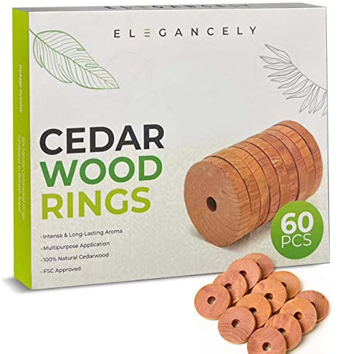 60 PACK Cedarwood Moth Repellent for Wardrobes, 100% Natural Anti Moth 4.5cm Cedar Rings - Substitute to Moth Balls and Humane Moth Killer - Sandpapers & Storage Bag included