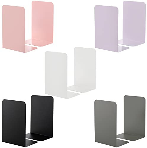 WUWEOT 5 Paar Buchstützen aus Metall Bücher Halter für Regal Ordnerhalter Dekorative CD Buchständer Schwere Bookends Buchstopper Farbe, Weiß, Grau, Schwarz, Rosa, Lila, ca. 14 x 10 x 20 cm