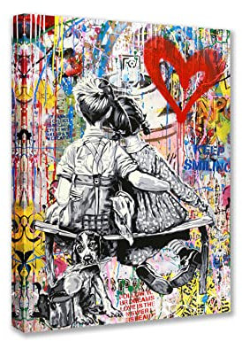 Peintures sur toile Street Art Graffiti Banksy Art mural abstrait Petit garçon et fille Illustration moderne Décoration d'intérieur pour salon, chambre à coucher, bureau encadrée prête à accrocher