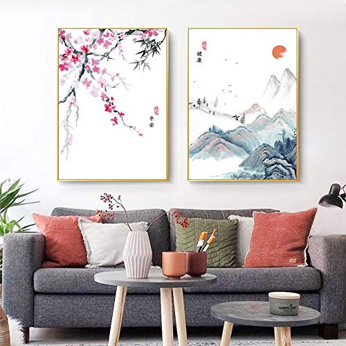 Leinwand Gemälde Pflaumenblüte Landschaft Poster Chinesische Kultur Feng Shui Tuschemalerei Wandmalerei Wohnzimmer Wohnkultur 60x80cm-2Pieces Frameless
