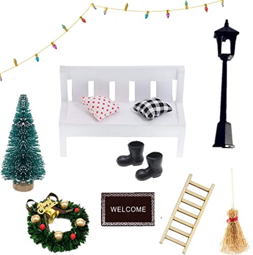 Super Idee Wichteltür Zubehör Set Miniatur Bank Mini Stiefel Straßenlaterne Weihnachtsbaum Dekokranz Holzleiter Besen Zuckerstange Teppichdecke Verzierungen für Wichtel Tür (Miniatur Bank Set)