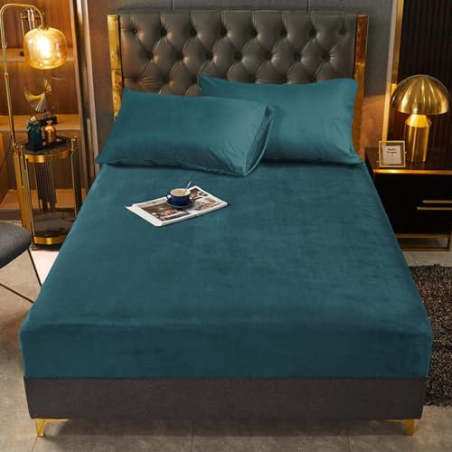 Samt Spannbettlaken 90x200 cm Petrol Warm Winter Boxspringbett Bettlaken Frottee Spannbetttücher Microfleece Flausch Spannbetttuch Set Leintuch 90 x 200 für Hohe Matratze Steghöhe 25-30cm