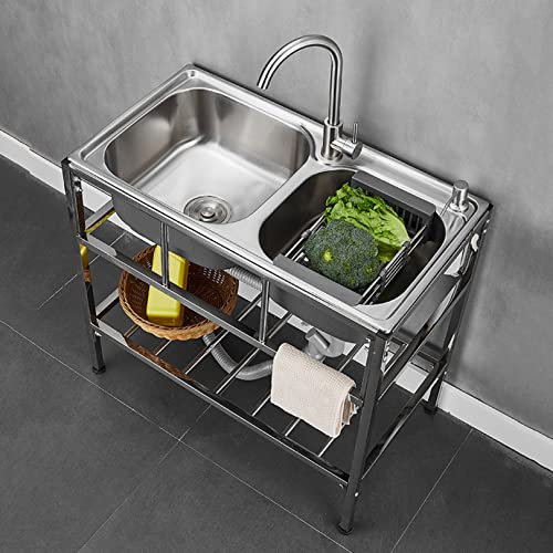 ZYFA Küchenspüle Doppelbecken Spülbecken,Edelstahlspüle Spültisch Gewerbliche Stainless Steel Küchenspüle,Waschschale Waschplatz Kitchen Sink Edelstahl Spüle für Outdoor,Indoor,Waschküche,Garten