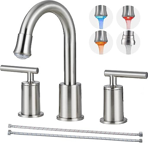 VXV Rubinetto da bagno a LED in nichel spazzolato, 20,3 cm, diffusi rubinetti per lavabo da bagno, 2 maniglie e 3 fori, rubinetto miscelatore per lavabo, gruppo di scarico incluso (LED-BN)