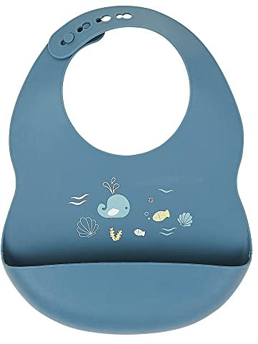 Nattou Silikon-Lätzchen mit Auffangschale, Mit Wasserwelt-Motivdruck, Größenverstellbar, BPA-frei, Ca. 20 x 27 cm, Silicon, Blau