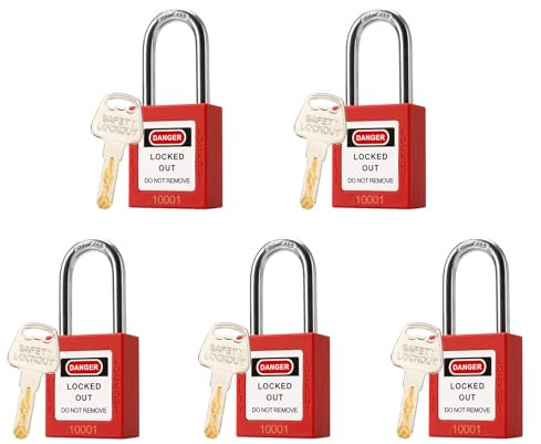 TAEGIQI 5 cerraduras rojas con etiqueta, con llave igual, cerraduras de seguridad compatibles con OSHA (rojo, con llave igual)
