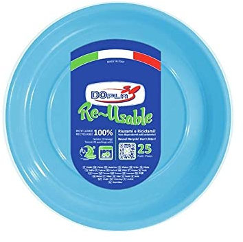 DOPLA Piatti di plastica fondi azzurro Ø20,5cm, lavabili e riutilizzabili. 25Pz