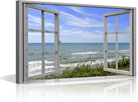 TISHIRON Leinwandbild, 3D-Fensterblick, Sommerzeit, Kunst, Strand, Meer, Bild für Zuhause, Büro, Badezimmer, Schlafzimmer, gespannt, Giclée-Gerahmter Druck, fertig zum Aufhängen, 40,6 x 61 cm