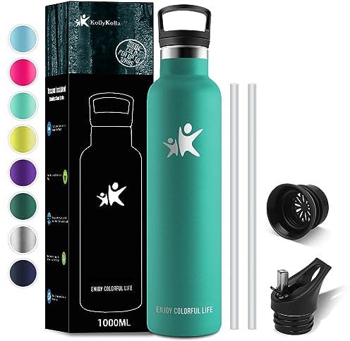 KollyKolla Edelstahl Trinkflasche 1L, Vakuum Thermosflasche mit Strohhalm, Wasserflasche Auslaufsicher, BPA-Frei Thermoskanne Kohlensäure Geeignet für Erwachsene, Uni, Fitness, Sport, Fahrrad, Camping