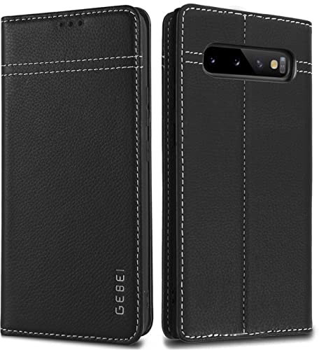 Hülle Echt Leder für Samsung Galaxy S10 (6,1“) - Premium Echte Lederhülle mit Standfunktion Kartenfach Magnetverschluss Flip Case Ledertasche Handyhülle Schutzhülle Klapphülle – Schwarz