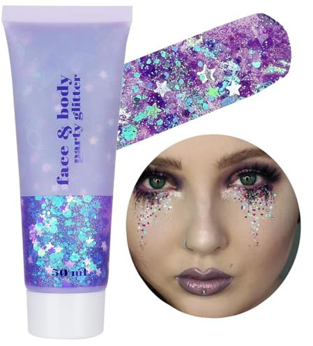 Go Ho Amethyst Purple Body Glitter Gel 50ML,Singer Concerts Face Glitter Makeup,Holographic Long Lasting Chunky Sequins Glitters for Eye Lip Hair Nails,Festival Rave Accessories