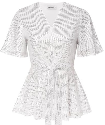 GRACE KARIN Sliver Women's Sparkle Sequin Tops Short Bell Sleeve V-Neck Tie Front Peplum Glitter Sequined Dressy Blouse L