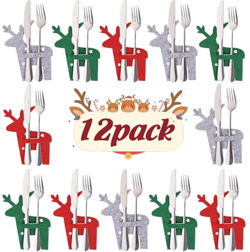 Besteckhalter Weihnachtsbaum 12 Stück Filz Weihnachten Besteckbeutel Rot Grau Grün Elch Besteckbeutel Weihnachten Bestecktaschen Besteckhalter Weihnachten für Besteck Messer Gabeln Löffel Party Tisch