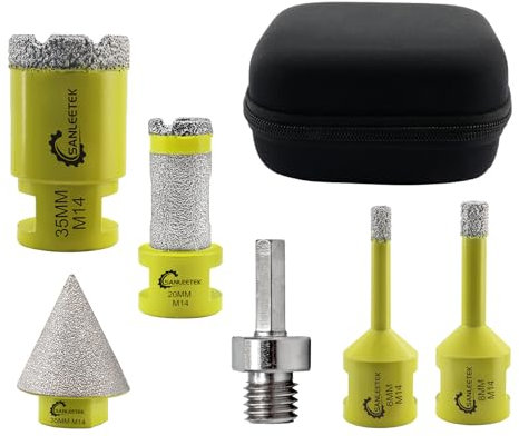 Juego de Brocas Diamante 6piezas - (6/8/35mm+20mm Broca Fresado Diamante+35mm Broca Chaflán+Hexagonal Adaptador) SANLEETEK Sierra Perforadora para Cerámica Porcelánico Mármol Granito M14 Rosca