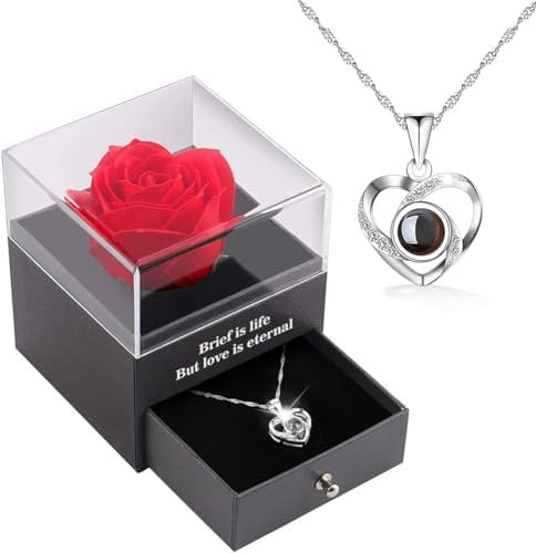 Christmas Necklace Gifts for Women Her,Eternal Rose Flower with Necklace,Secret Santa Gifts for Her,Stocking Fillers Women for Christmas Valentines Birthday Anniversary