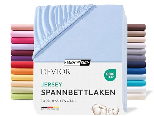 Devior Jersey Spannbettlaken 180x200cm - 200x200cm, 100% Baumwolle, Matratzenhöhe bis 22cm, Hellblau – 135 g/m² Anti-Statisches, atmungsaktives Bettlaken mit Einlaufschutz, Matratzenbezug Blau