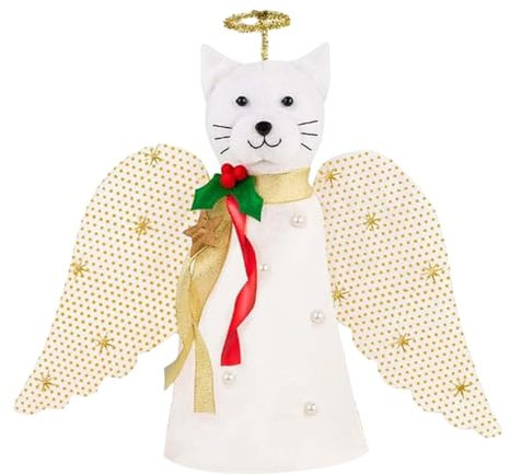 Katze Christbaumschmuck - Niedliche weiße Engel-Katzenbaumspitze - Exquisite kreative Sternbänder, rote Beeren, Weihnachtskatzendekoration für die Inneneinrichtung Pekmar
