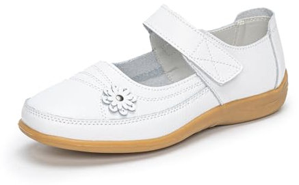 Rusffes Womens Leather Mary Jane Shoes Ladies Wide Fit Flat Shoes Casual Work Office Nurse Shoes White 5uk