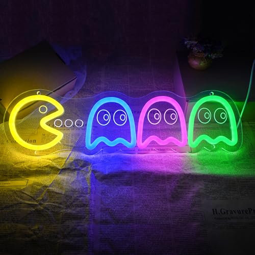 Letrero de neón de arcade, retro 3D Ghost Arcade Game LED, hecho a mano, estético, genial, lámpara de noche para sala de juegos, dormitorio de niños, fiesta de cueva, regalo de cumpleaños, bar, pub