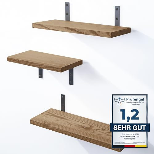 LAMO Manufaktur 3 Stück Wandregal Holz 40/35/30cm | Schweberegal Massiv 100% Echtholz | Hängeregal für Wohnzimmer, Schlafzimmer, Küche, Büro, Badezimmer | Wandregale Set 3 Gerade Farbe: Nussbaum