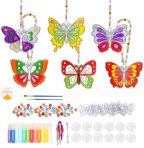WEDNOK 12pcs Butterfly Suncatcher Craft for Kids Stained Glass Window Art Kit for Children Spring Sun Catchers Painting Kit Paint Your Own Suncatchers DIY Arts Set for Girls Boys Age 5-10 Years