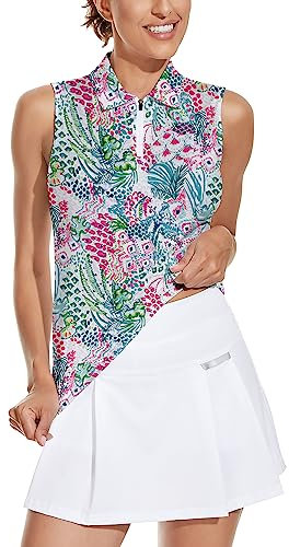 Soneven Golf Poloshirt Damen Ärmellos Sport Shirts für Damen Atmungsaktiv Tennis Shirt Polohemd Fitness Damen Shirts Ärmellose A-Vintage-Druck L