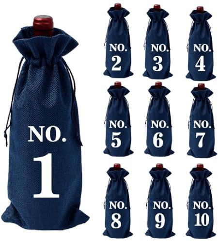 CJKDXDH 10 Pcs Numbered Burlap Wine Bags for Blind Wine Tasting, Wine Gift Bag with Drawstring, Reusable Linen Wine Bottle Covers for Home Storage Wedding Party Decoration (Navy)