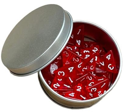 Ronyme 25 Stück D4 Mehrseitige Würfel in Aufbewahrungsbox Transparente Tischspielwürfel Packung mit 4-seitigen Würfeln für Brettspielpartys, Rot
