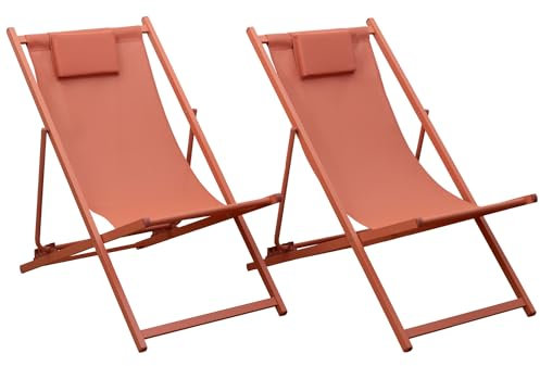 Lot de 2 chiliennes Cyprus en textilène et Structure en Aluminium Terracotta - Transats avec Coussin Repose-tête - Idéal pour Jardin, Terrasse et Patio