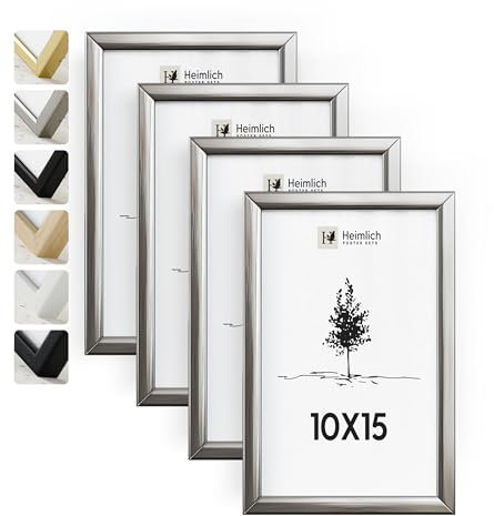 Heimlich® Bilderrahmen 10x15 Silber 4-Pack | Bilderrahmen 10x15 Alu | Bilderrahmen Set Silber mit Plexiglas | Fotorahmen 10x15 zum Aufhängen & Aufstellen | Picture Frame 10x15 | Photo Frame 10x15