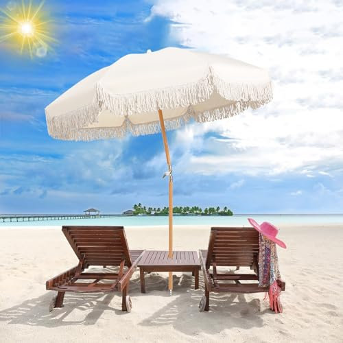 Sonnenschirm Strand 6ft Urlaubsschirm für die Terrasse, weißer Strandschirm, Fransenschirm, Außenschirm, neigbarer Tischschirm, robuster Quastenschirm, UV-Schutz, tragbarer Schirm, 8 Rippen, für Gart