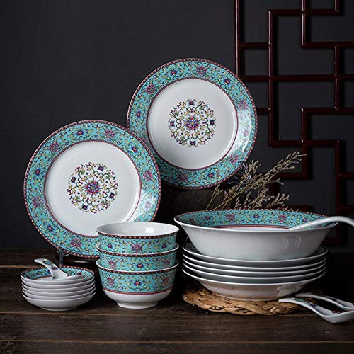 CAFIEDR Services de Table en céramique, Service de Vaisselle Haut de Gamme en émail Bleu, Assiette à Steak en Porcelaine, Bol à céréales et Bol à Soupe 26 pièces