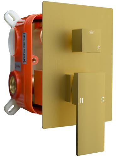 Square 2 Way Shower Mixer Valve, Dual Function Shower Diverter Mixer Valve, Wall Mount Shower Faucet Rough-in Valve Bathroom Trim Kit Brushed Gold - GETSHOWERSET