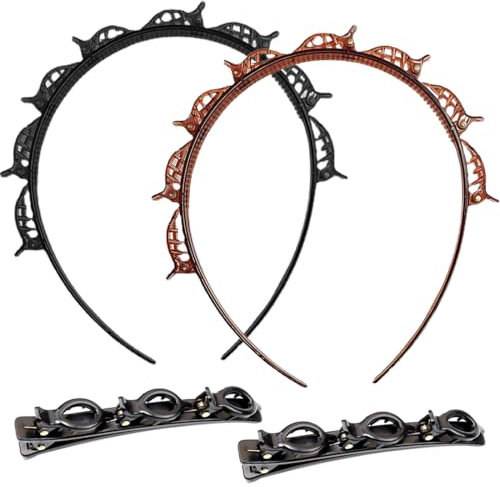 EIHI Lot de 2 bandeaux à cheveux double couche avec 2 pinces à cheveux, pinces à cheveux tressées, pinces à cheveux frange, bandeaux tressés，serre tete avec pince femme