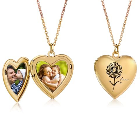 Personalised Heart Locket Necklace with Photo and Name - Custom Engraved Birthday Flower and Text Picture Pendant Necklace for Women - Birthday Christmas Gifts for Mom Wife Girlfriend (Gold)