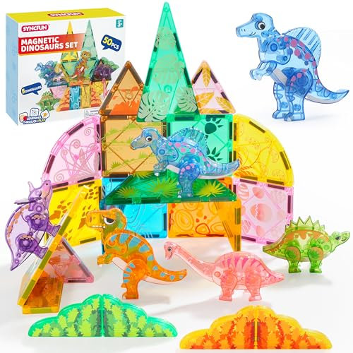 SYNCFUN Magnetic Tiles Jungle Animal Set for Kids, 50PCS Magnet Buliding Blocks Tiles 5 Dinosaur, Learning Educational STEM Construction Toys for Boys Girls Ages 3-8, Xmas Birthday Gift for Toddlers